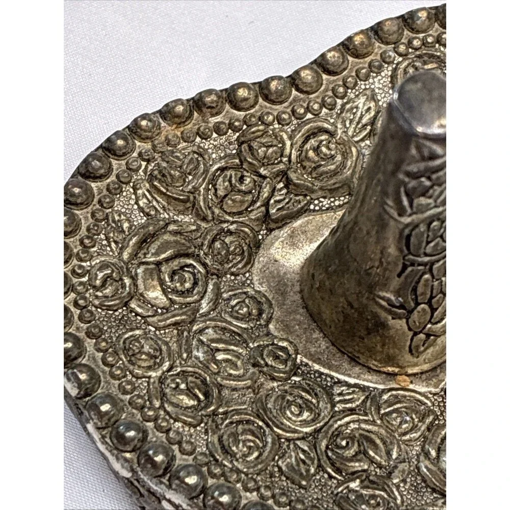 Heart Shaped Ornate Ring Holder Dish Silver Plated Vintage Patina Victorian Rose